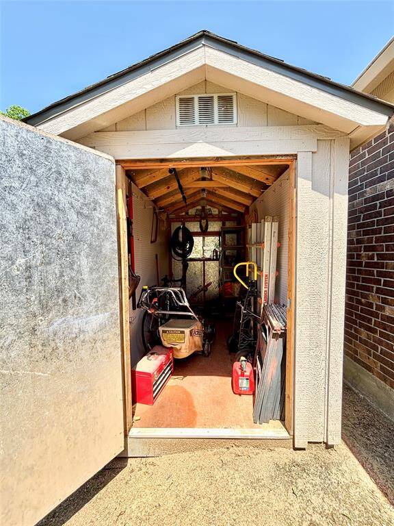 The shed is 12x6 with peg boards and shelves. Plenty of space to store your outside items or turn it into a work shop.