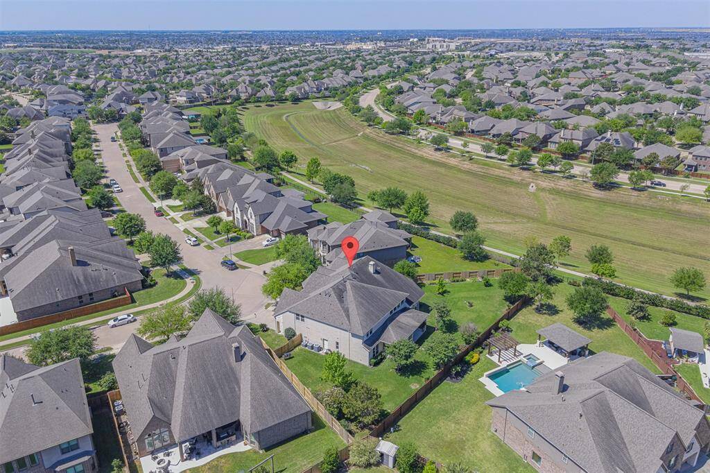 Aerial view of the home and surroundings.