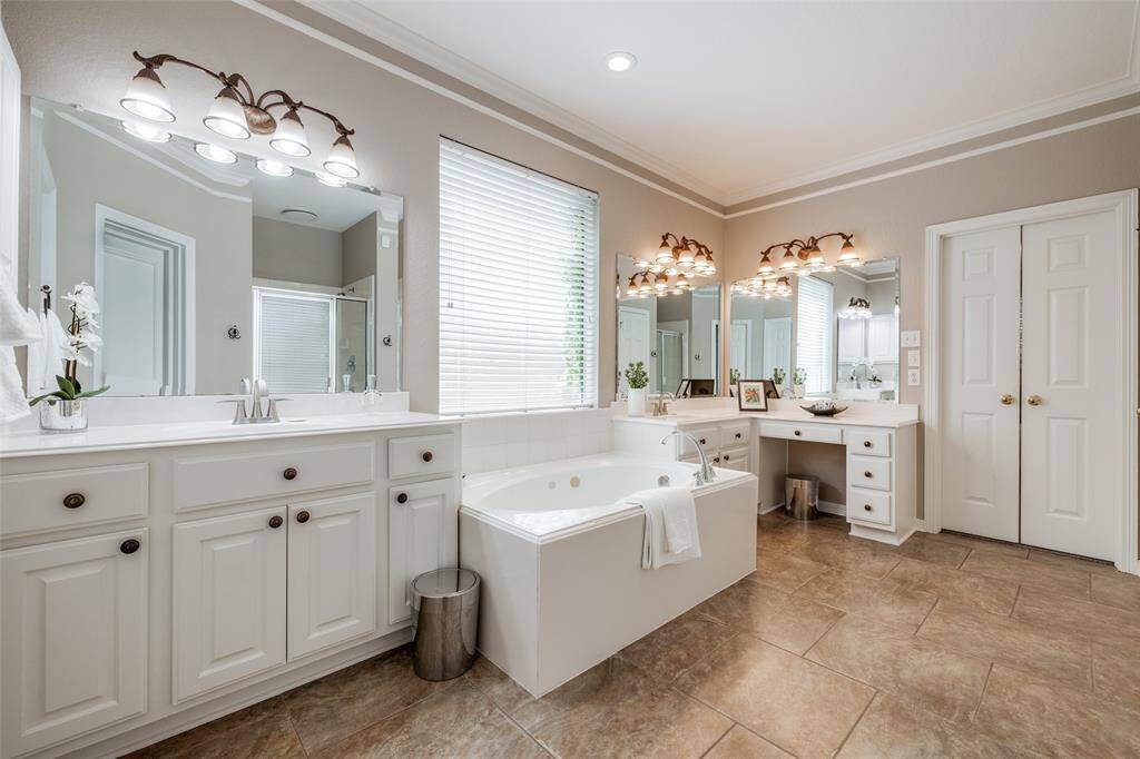 Large Primary bathroom with 2 closets, large bath, dual sinks, lots of natural light