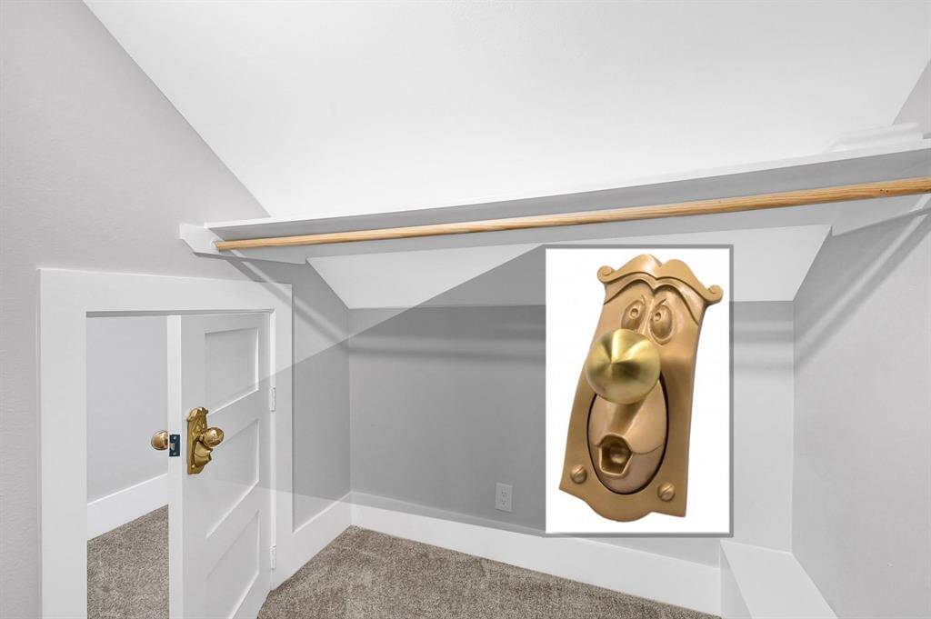 This versatile hidden space can serve as an extra closet or a fun secret hideaway for the kids, complete with a unique custom doorknob that adds a touch of whimsy and charm!