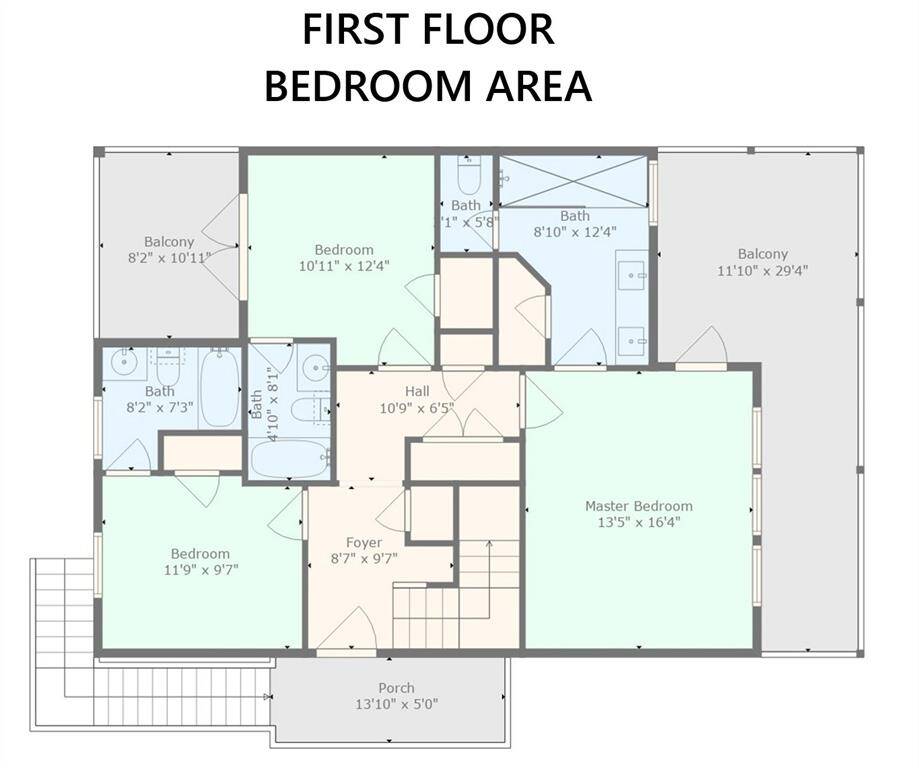 Bedrooms and Laundry Room on the first floor.  Each bedroom has it's own ensuite bath.  Two of the bedrooms have private beach facing balconies.