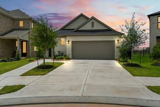 Modern, single-story home with a two-car garage, framed by a well-maintained lawn and young trees.