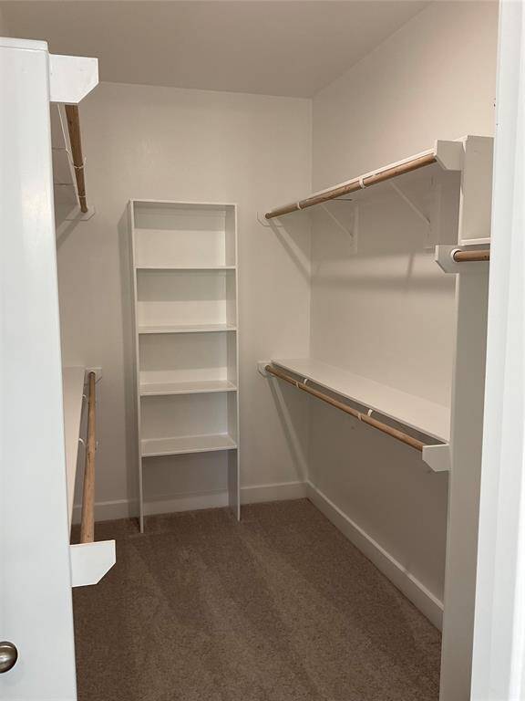 Spacious walk-in master closet with ample shelving.