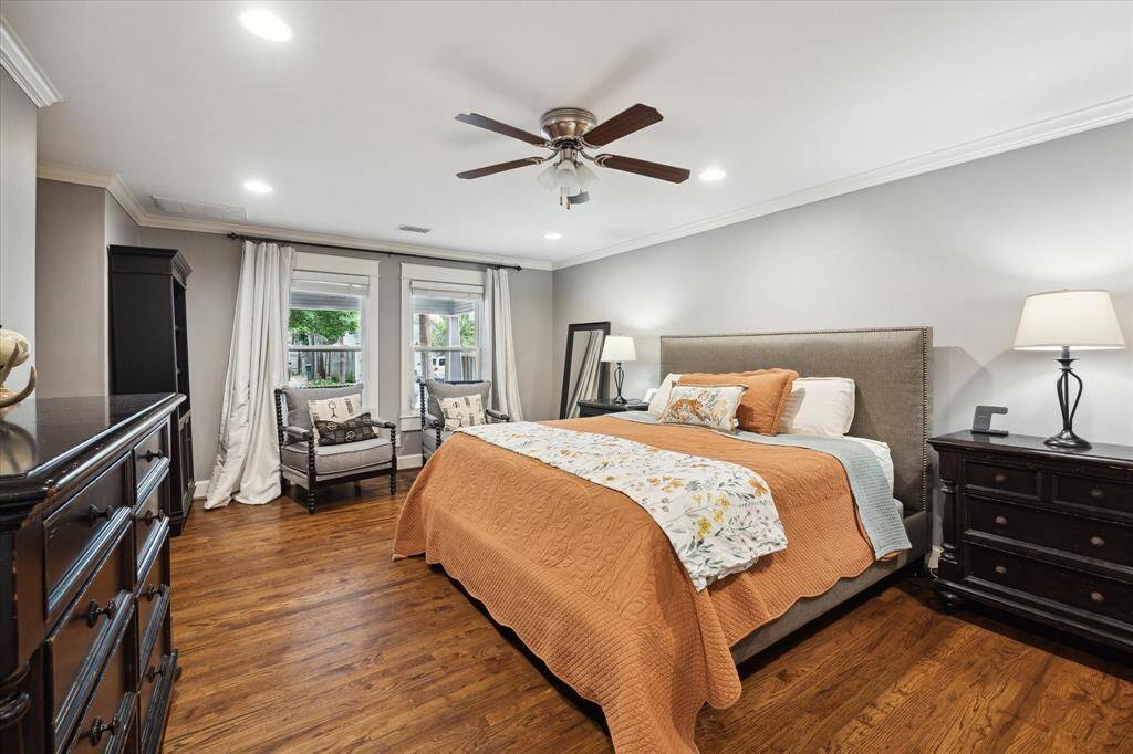 Relax in this oversized primary suite! The room has hardwood floors, recessed lighting, ceiling fan and an ensuite bath.