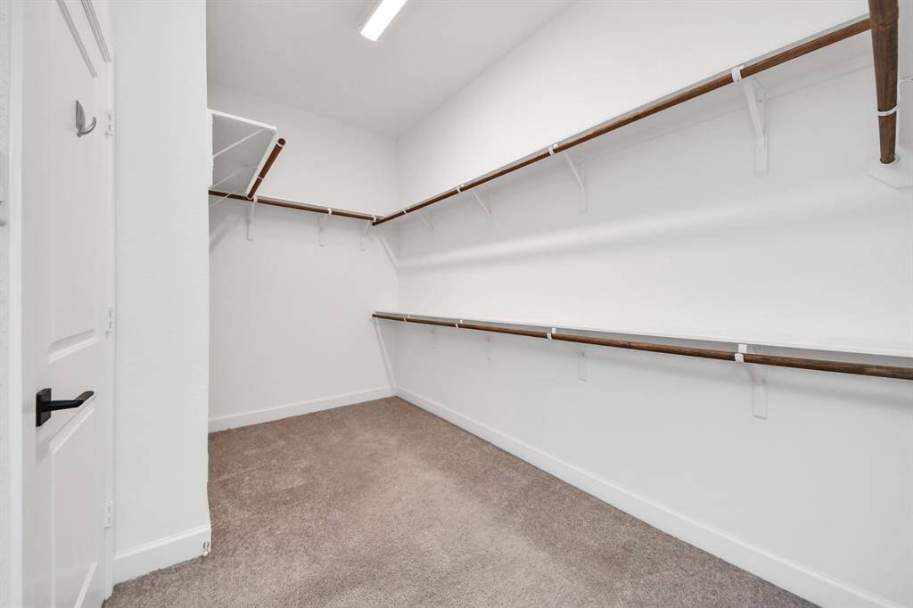 Spacious walk-in closet with ample shelving and hanging space, featuring clean white walls and carpeted flooring, ideal for organized storage.