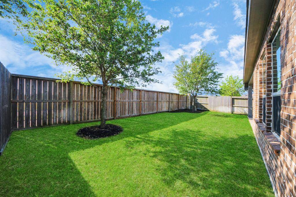 Spacious backyard with lush green grass, mature trees, and a sturdy wooden fence for privacy, perfect for outdoor activities.