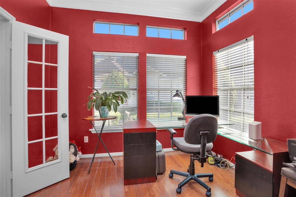Double glass doors leading into the home office