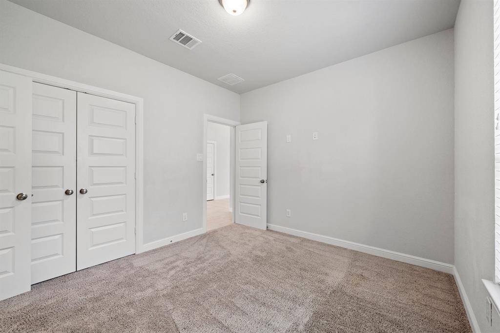 Spacious layout with a double-door closet and neutral tones to balance the vibrant feature wall.