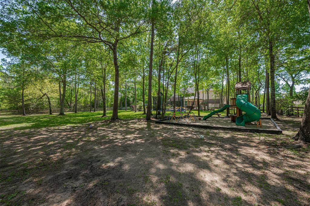 Spacious backyard with a playset and slide, surrounded by mature trees offering plenty of shade. Ideal for families and outdoor activities.