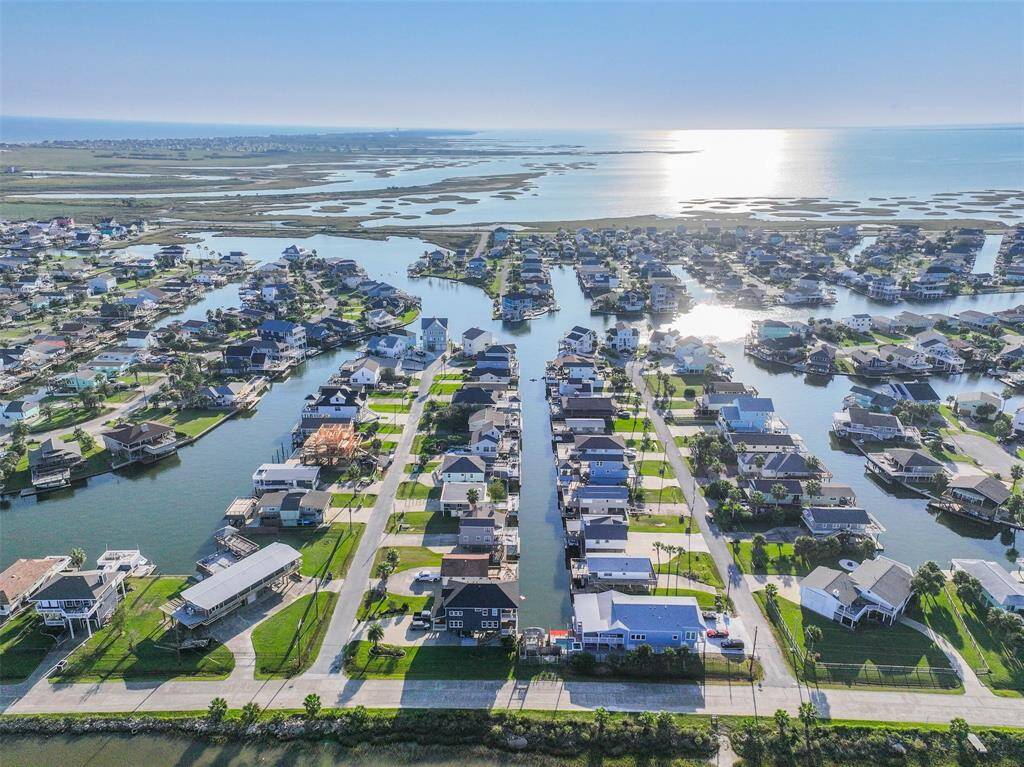 Aerial view of the home overlooking Galveston Bay.
