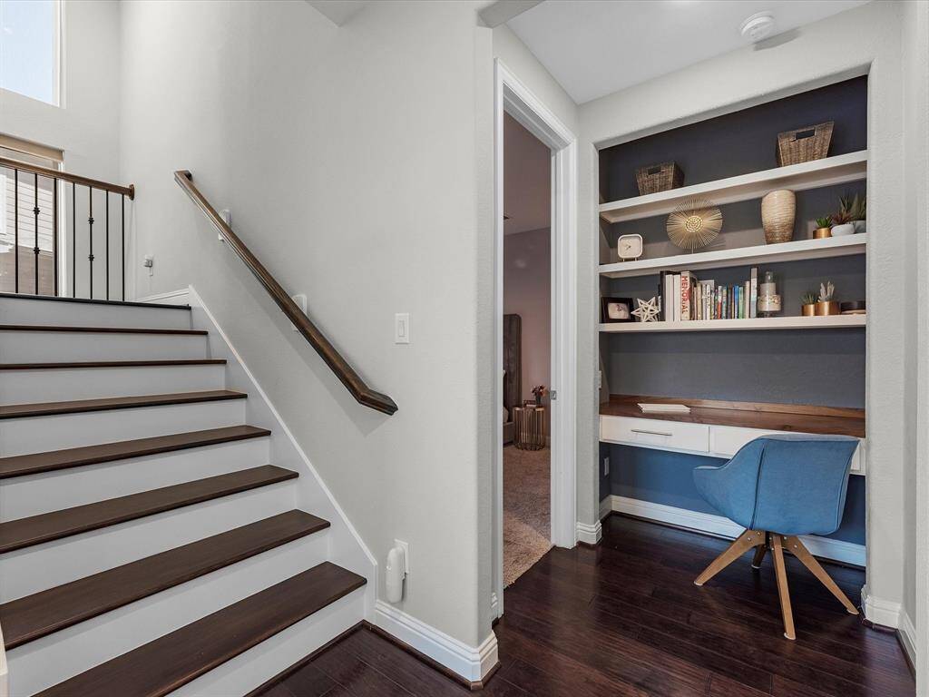 View of stairs and private desk area on the 1st floor.