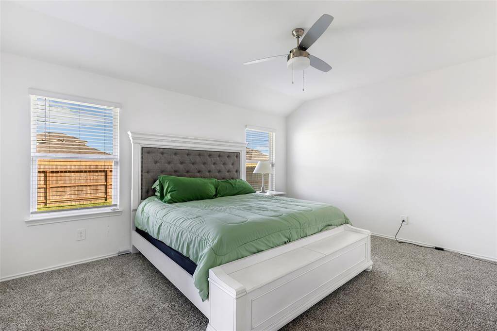 Spacious, bright bedroom with plush carpet. The room has two windows for natural light and a ceiling fan for comfort.