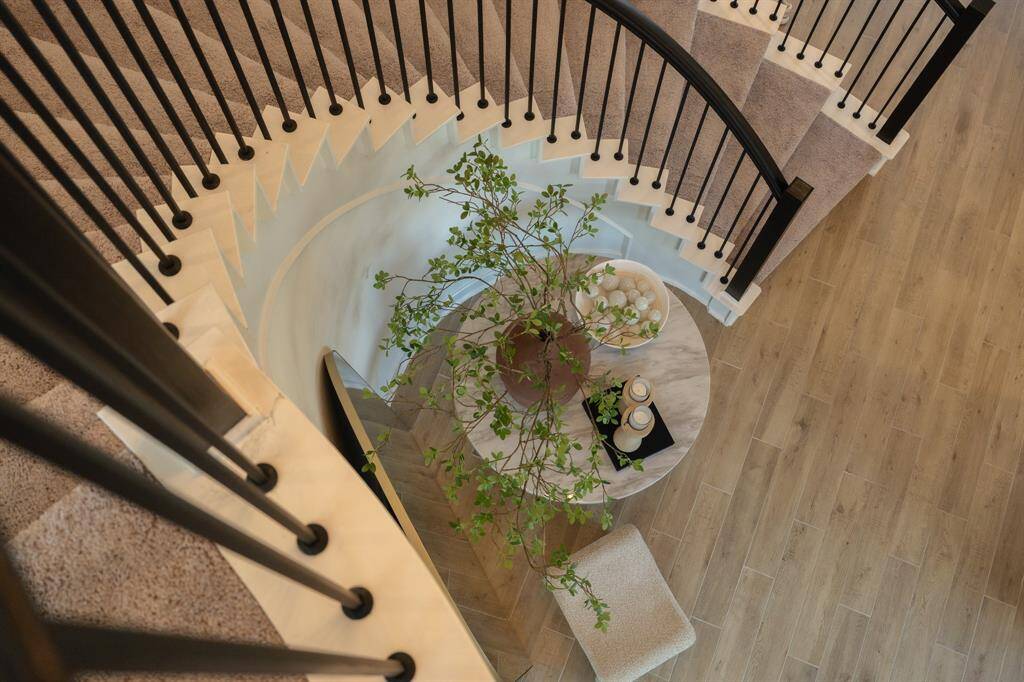 The elegant curved staircase, adorned with a neutral beige carpet runner and sleek black railings, serves as a sophisticated focal point. Its graceful design enhances the entryway with a refined, modern touch.