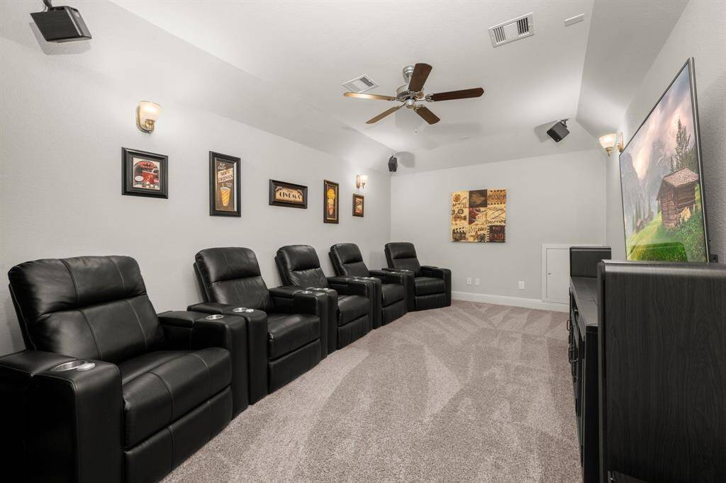 The upstairs media room is ready for movie nights, featuring soft carpet underfoot and a ceiling fan for comfort. Whether it’s game day or movie marathons, this room delivers.