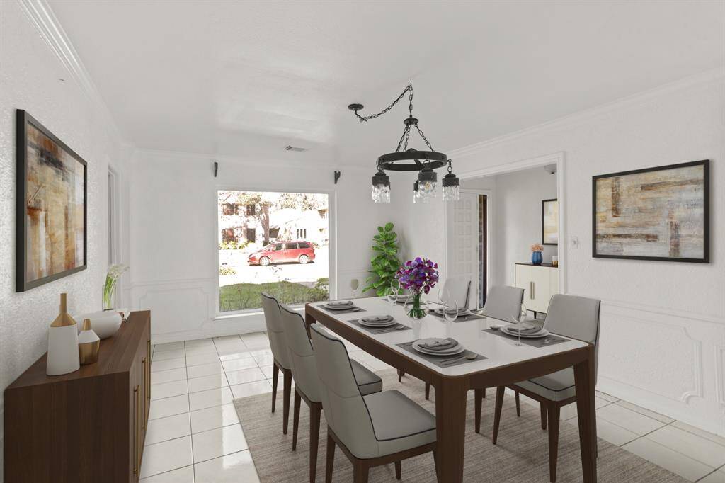 Virtually Staged: Charming dining room, complete with tile floors, pendant lighting, and a large window that provide plenty of natural light throughout the day!