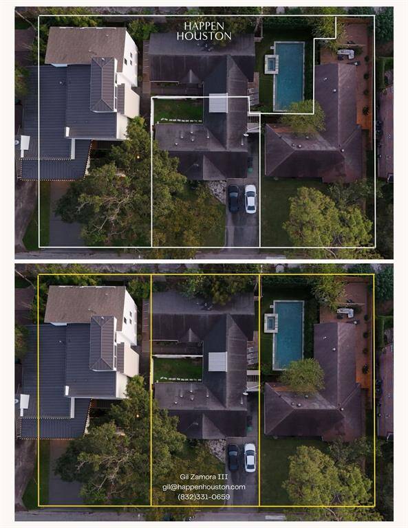 Not pictured is the back yard structure which serves as the versatile space that is sheetrocked and ready to be customized to your needs-whether as a gym, office, outdoor living space, guest cottage-possibilities are endless! Here is an aerial shot of how the homes are currently fenced together on top, with the separation of each home and what belongs to each lot in the bottom half of the image. This is for informational purposes only and official property lines should be verified independently.