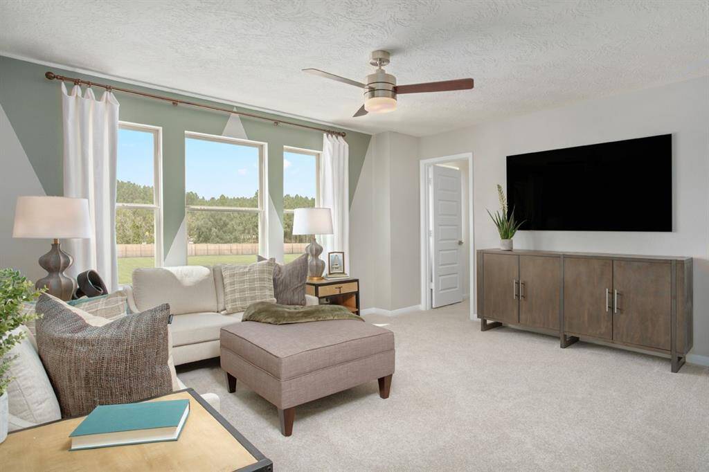 This Loft features plus carpet, large windows with window coverings, custom paint, ceiling fan, and storage closet. This is the perfect hangout spot or adult game room!