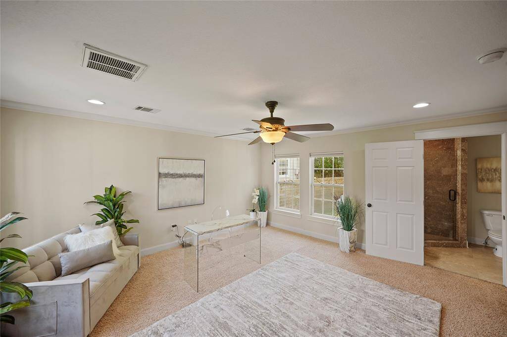 Beautiful stand-up shower with ample storage.