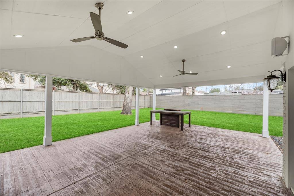 Enjoy outdoor living year round with fan and speakers.