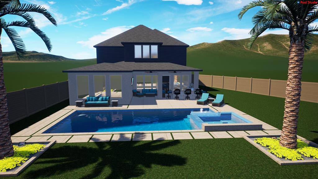 Imagine what could be! This rendering is a sleek and modern pool design with integrated spa, sun shelf and expansive patio area. Perfect for luxury outdoor living!