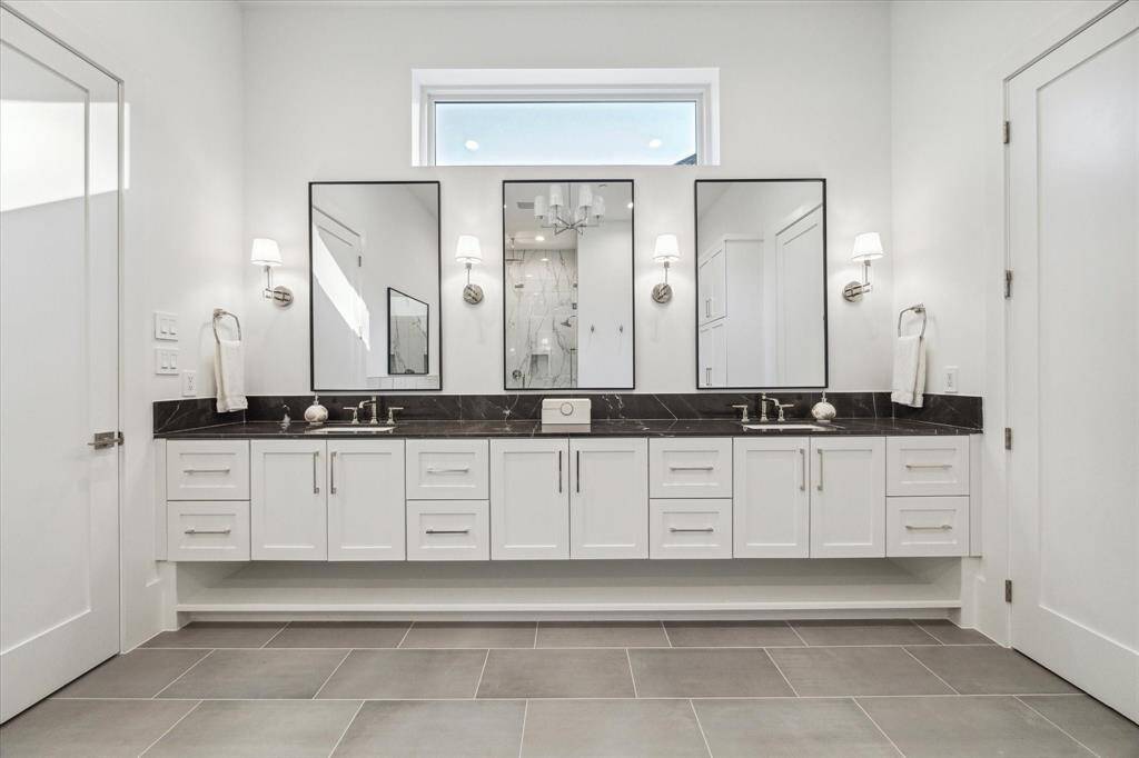 Primary Bath with Pietra Grey Italian marble counters + polished nickel plumbing fixtures