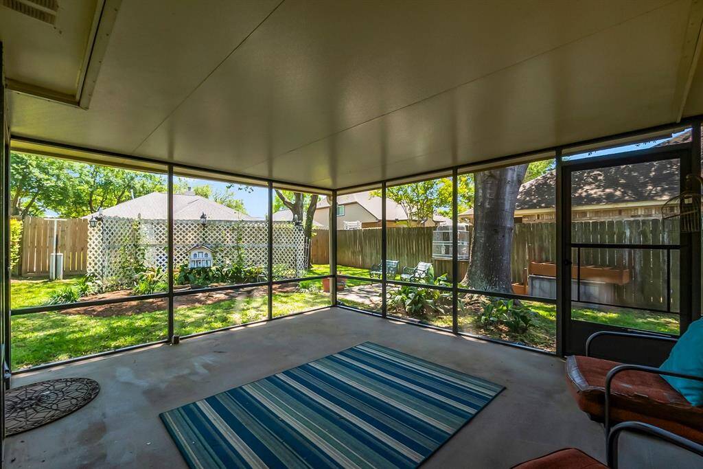 Views of fountain and back yard from patio