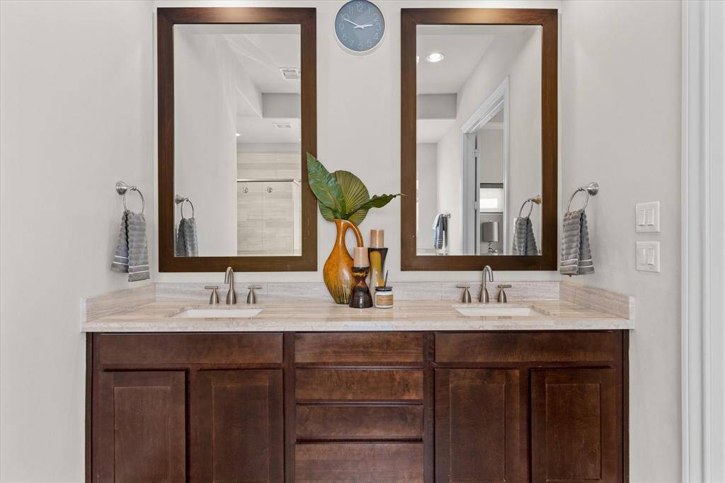 Double vanity allows functionality.