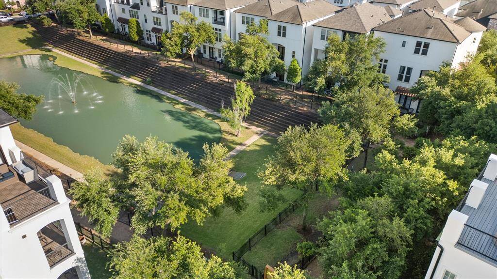 Aerial shot of walking trails and dog park.