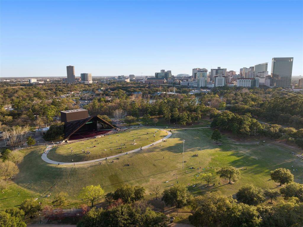 Scenic views of Miller Outdoor Theatre and the Texas Medical Center.