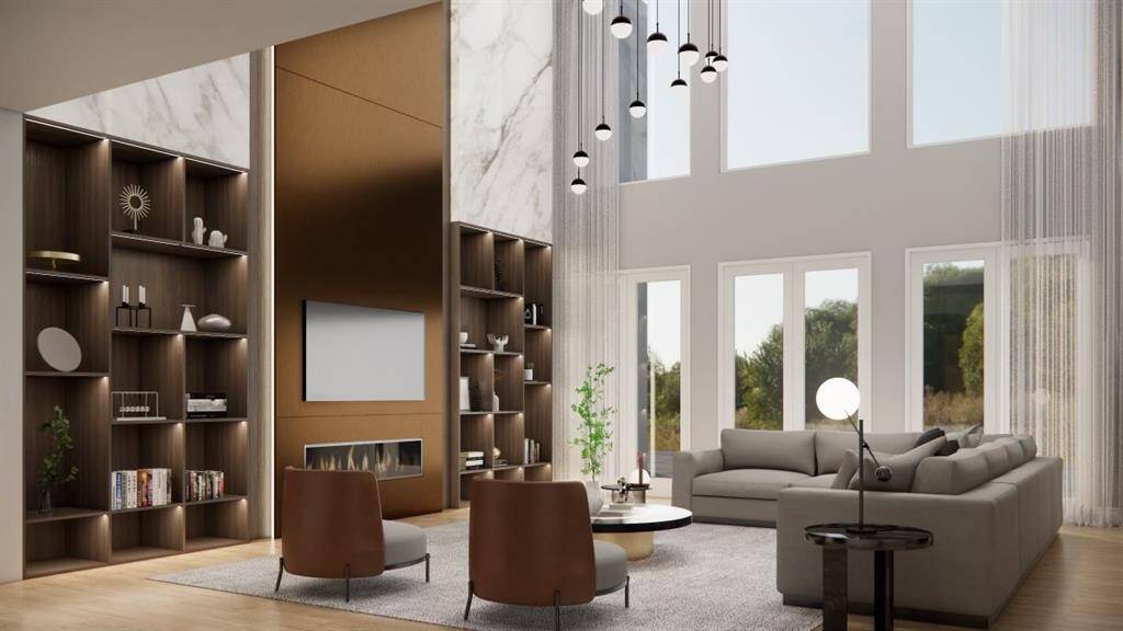 Welcome home-Polished and sleek living area with custom built-in shelving, wood accents, and marbled like pieces that bring together warmness in this space. Tall ceilings followed by plenty of windows that allow in natural light to brighten up these corners. ( These are renderings of the home)