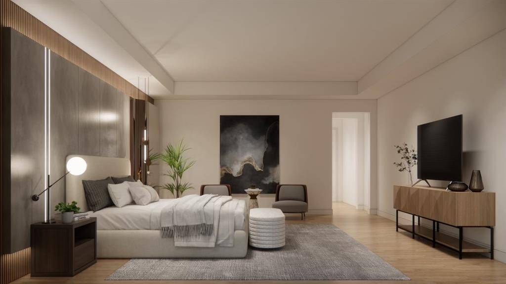 This is a modern and elegantly furnished bedroom with a neutral color palette, featuring a comfortable bed, stylish lighting, ample storage, and a cozy sitting area. A serene ambiance, ideal for relaxation.( These are renderings of the home)