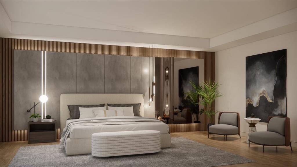 The design combines warm wooden accents with cool gray tones, creating a serene and sophisticated atmosphere. Including subtle yet sleek coffered ceilings.( These are renderings of the home)