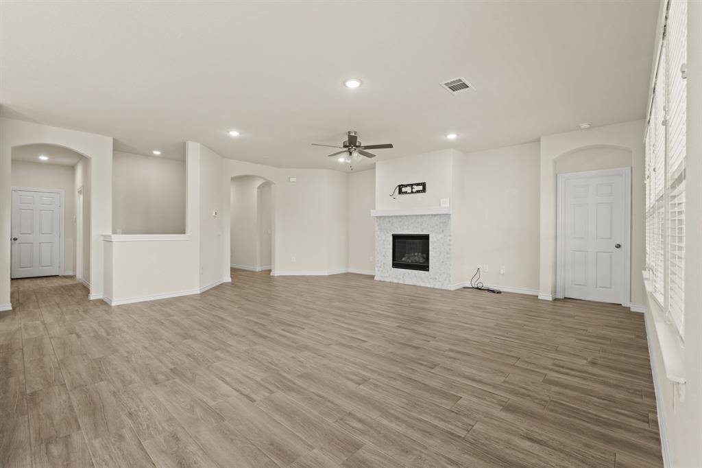 Family room view of fireplace