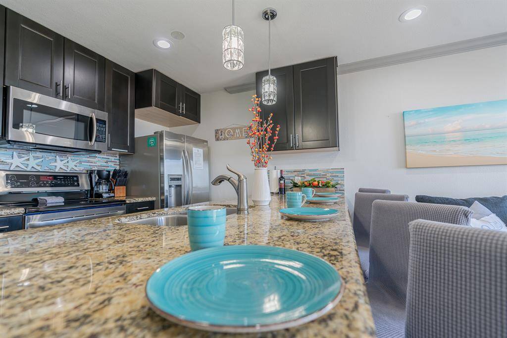 Large kitchen bar for dining.