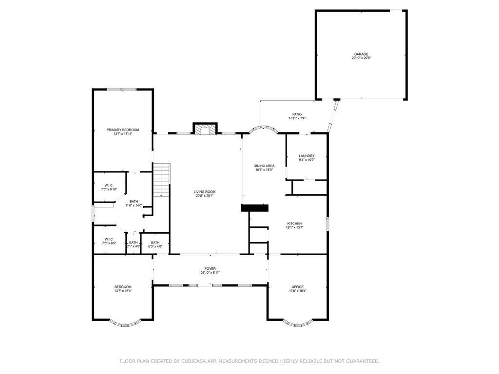 First Floor-This floor plan features a spacious layout with a primary bedroom, additional bedroom, two bathrooms, a large living room, kitchen, dining area, and an office. It includes a laundry room, patio, and a two-car garage. The design offers ample storage with walk-in closets.