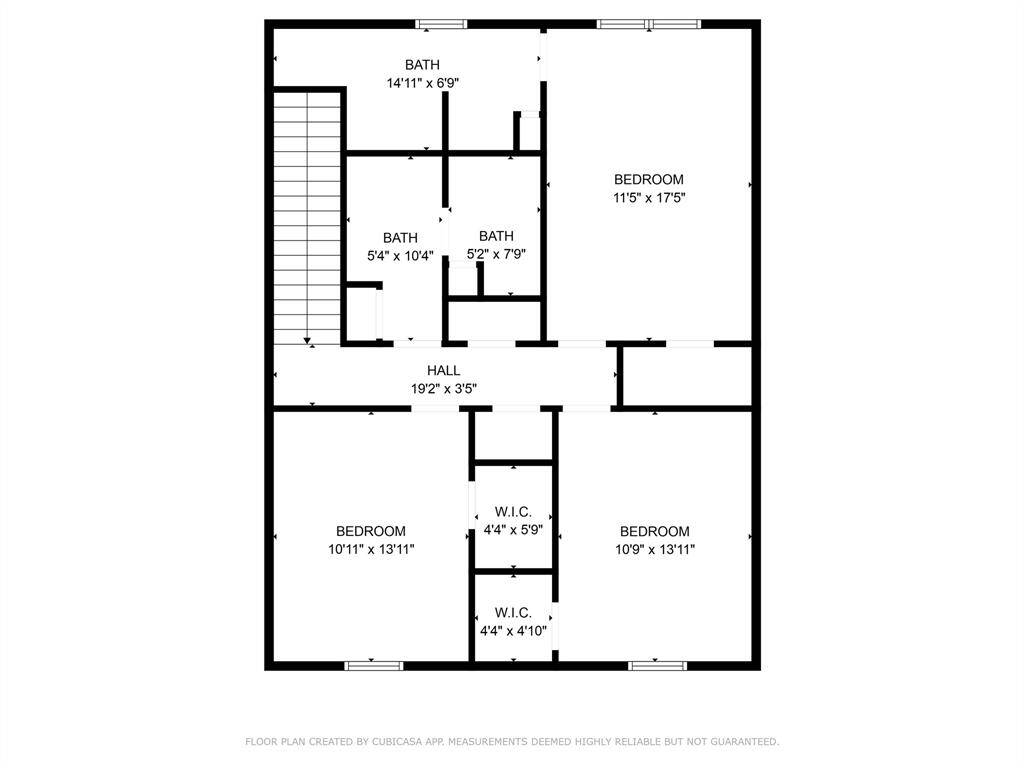 Second Floor- This floor plan features three bedrooms, two bathrooms, and walk-in closets. The main hallway connects all rooms and stair access, offering a practical layout for comfortable living.