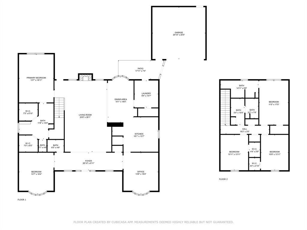 This is a floor plan of a spacious two-story home. The first floor includes a large living room, kitchen, dining area, office, primary bedroom with ensuite bath and walk-in closet, plus an additional bedroom and bath. Upstairs, there are three bedrooms, each with a walk-in closet, and two bathrooms. A separate garage and patio are also featured.
