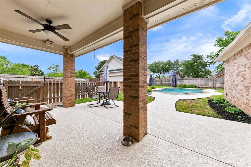 Covered back patio with ceiling fans and additional outlets for TV, speakers etc.