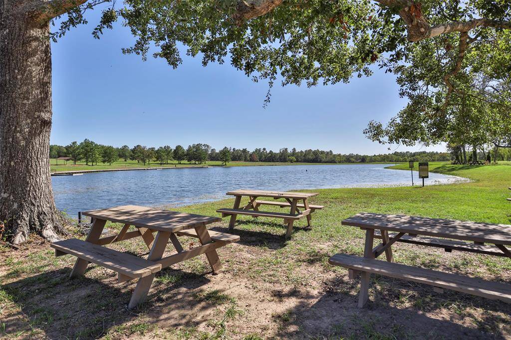 This serene outdoor space features a picturesque lake view with picnic tables under the shade of large trees, perfect for relaxation and gatherings.