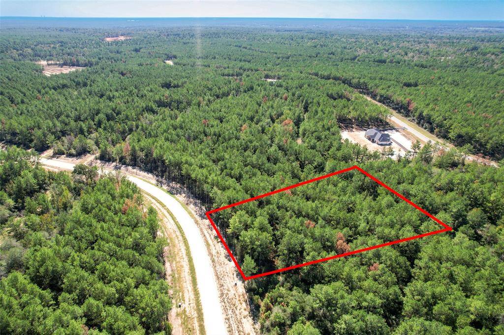 This aerial photo shows a wooded plot of land bordered in red, located along a winding road within a vast forested area. A nearby home is visible, indicating potential for residential development in a tranquil, natural setting.