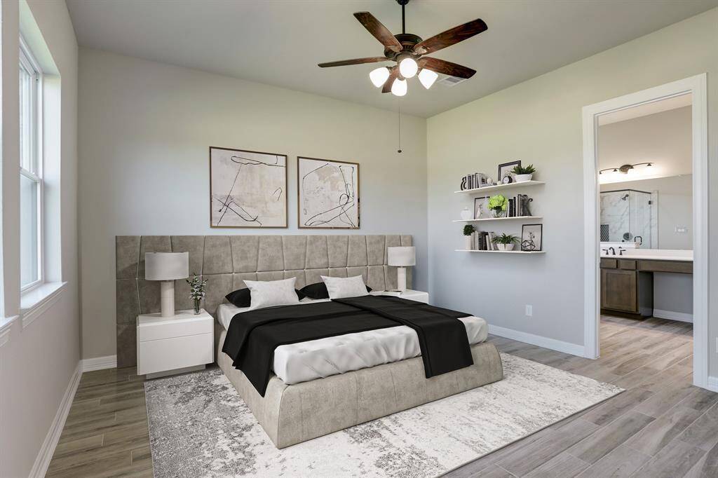 (DHSFP) staged showing main bedroom & peek of main bath