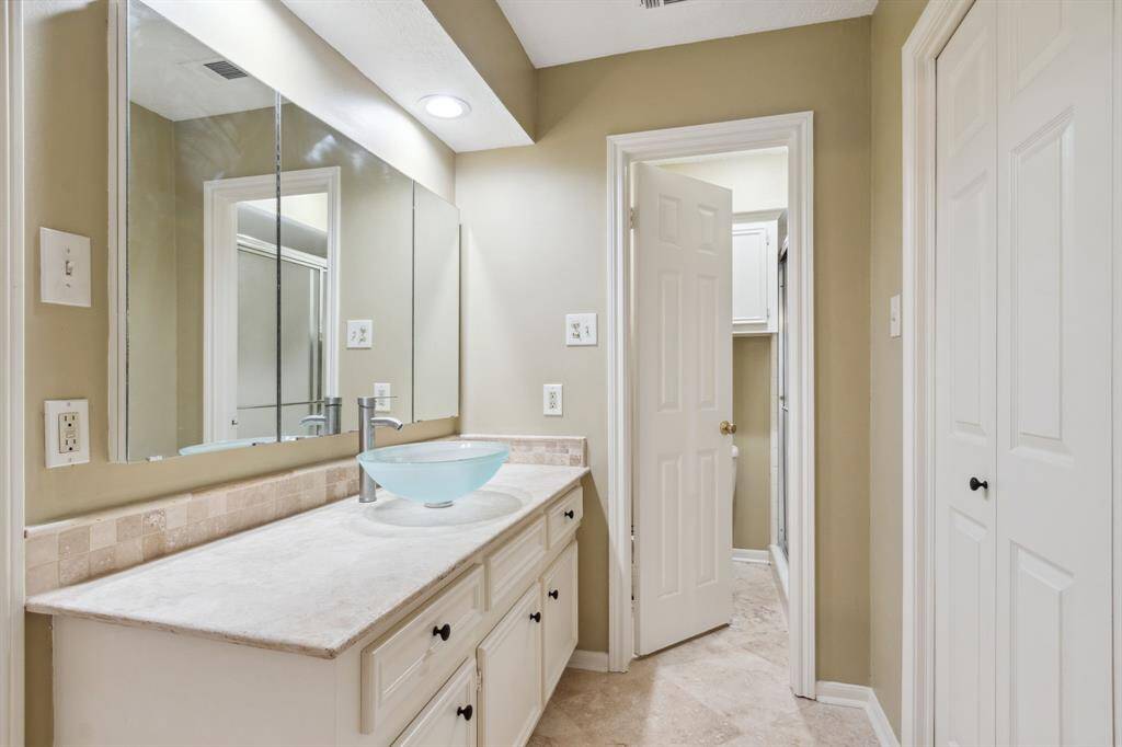 VESSEL SINK, ON GRANITE WITH TUMBLED TILE BACKSPLASH.. HINGED MIRROR FOR CABINET STORAGE .. FULL CLOSET ON RIGHT FOR BEDROOM .. PRIVATE WATER CLOSET & OVERSIZED SHOWER...