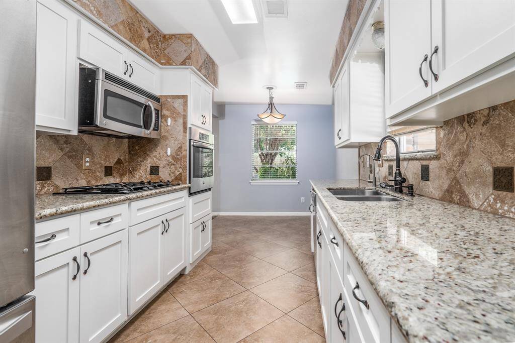 Granite countertops and stainless steel appliances.