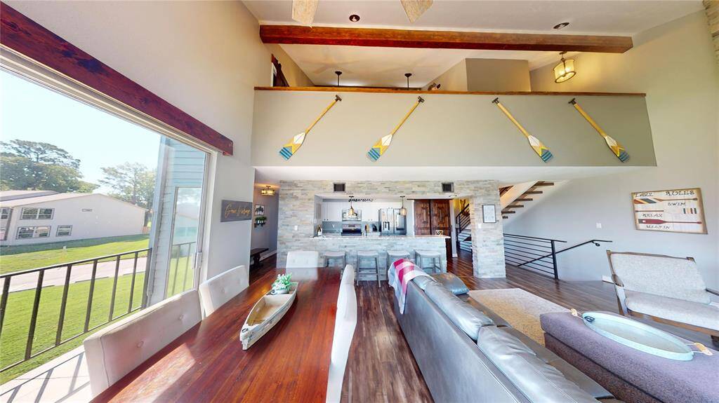 Looking up towards the open loft from the main living area.