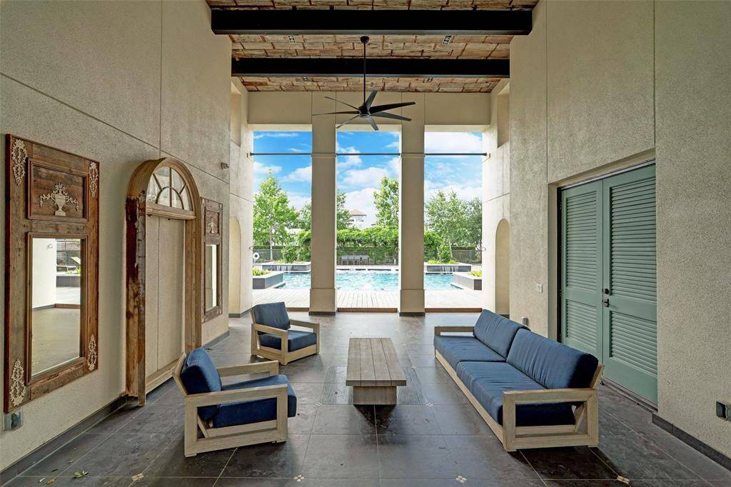 Community gathering spots include the covered sitting area at the pool.
