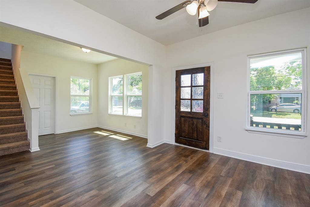 A view of the entry and dining room.