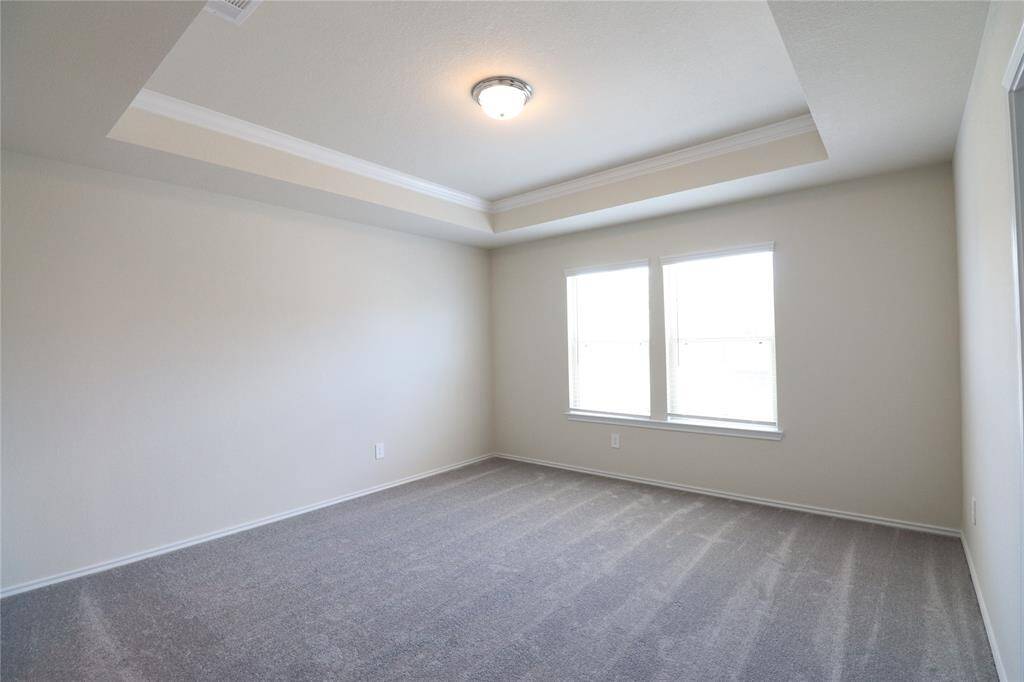 The primary bedroom features a neutral color palette with a tray ceiling and a ceiling light fixture. It has two large windows for natural light and is carpeted, offering a cozy and inviting space.