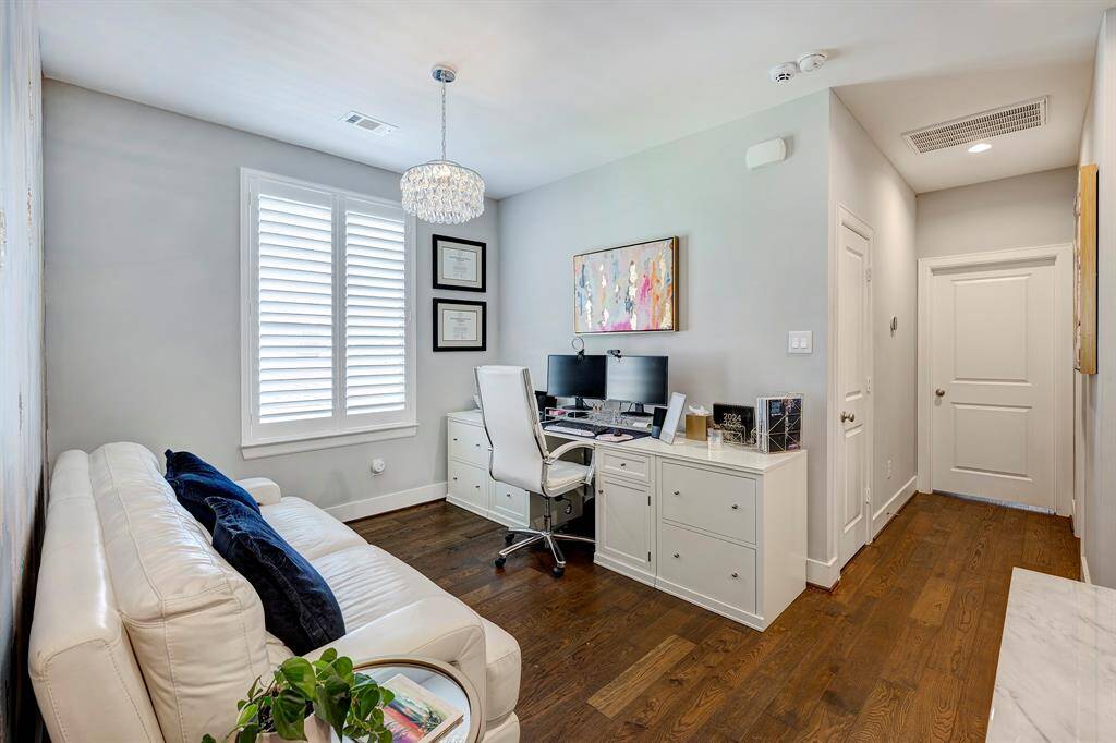 The flex room is at the landing between the primary bedroom and bedroom 2. The hardwood floors were added to landing, home offivce and primary bedroom and one closet. Laundry room is located next to the primary bedroom.