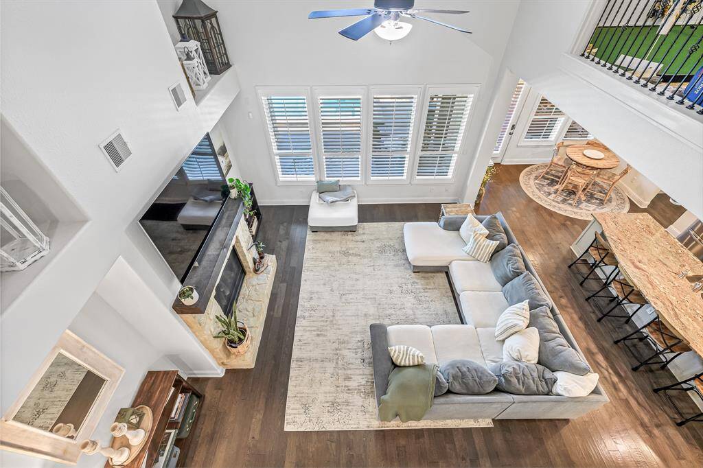 Looking down from the catwalk over the living room.