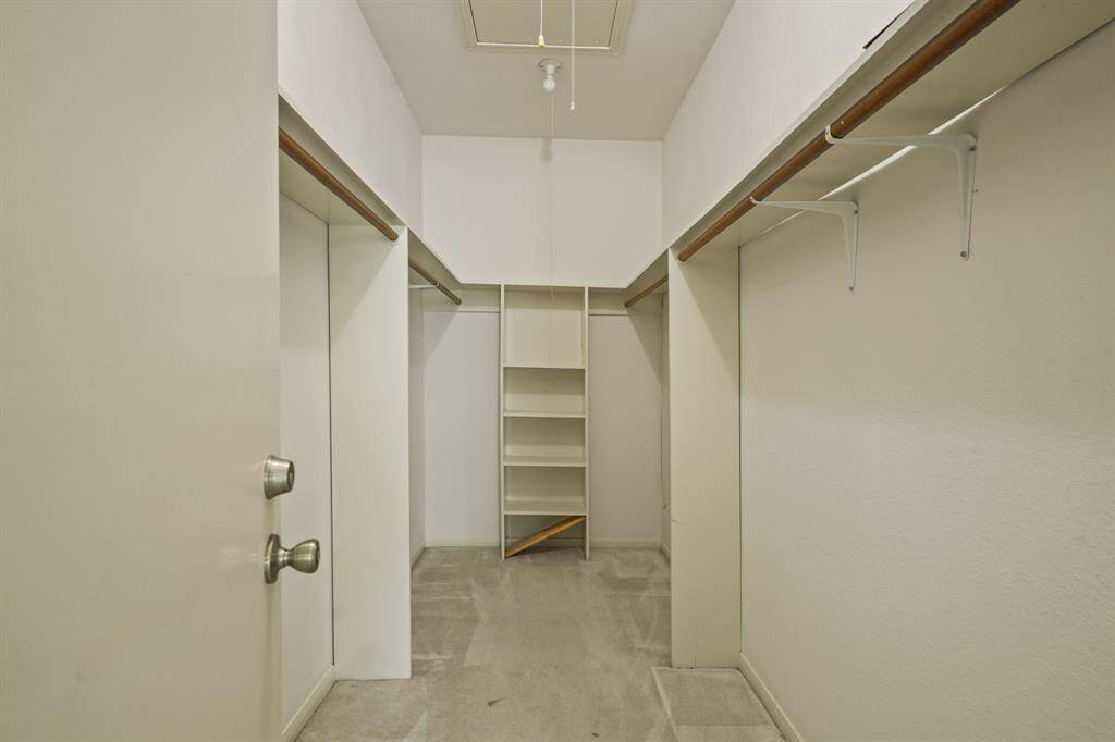 The primary walk-in closet has plush carpet and plenty of storage space.